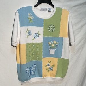 Alfred Dunner Blue and Green Crew Neck Sweater with Patchwork Design